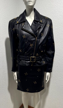 80s The Icing Black Leather Moto Jacket Skirt Set Sz S Gold Studs 2 Pc Rocker